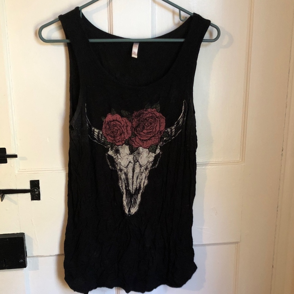 Black Tank Top with Skull and Floral Design